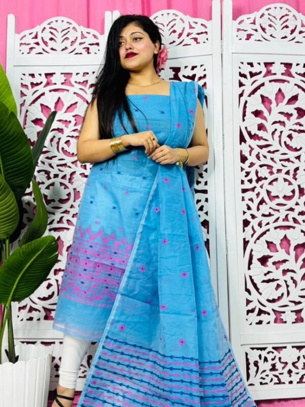Jamdani 2 Piece Soft Unstitched Churidar Set - Deep Sky Blue