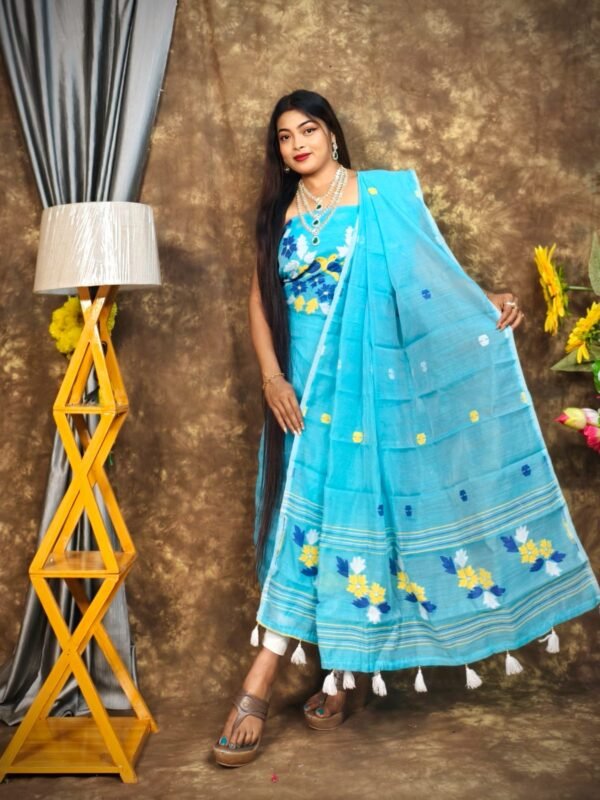 Jamdani 2 Piece Soft Unstitched Churidar Set - Deep Sky Blue