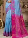 Sunflower Dhakai Jamdani Sari with Blouse Piece - Denim Blue