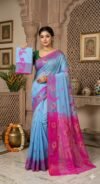 Sunflower Dhakai Jamdani Sari with Blouse Piece - Denim Blue