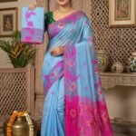 Sunflower Dhakai Jamdani Sari with Blouse Piece - Denim Blue