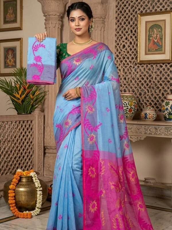 Sunflower Dhakai Jamdani Sari with Blouse Piece - Denim Blue