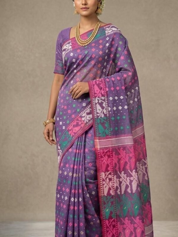 Ashtami Buti Dhakai Jamdani Sari with Blouse Piece - Dusty Purple