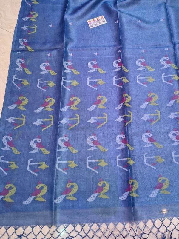Pure Gachi Tussar By Tussar Handloom Dhakai Jamdani Sari with Blouse Piece - Faded Blue