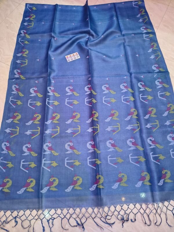 Pure Gachi Tussar By Tussar Handloom Dhakai Jamdani Sari with Blouse Piece - Faded Blue