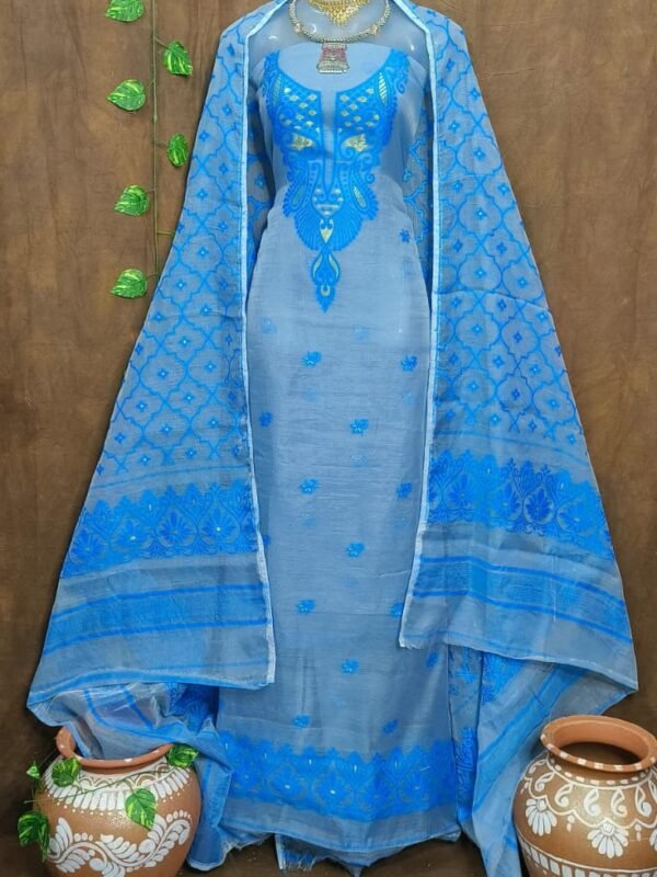 Jamdani 2 Piece Soft Unstitched Churidar Set - Faded Blue