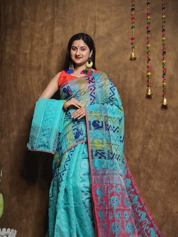 Hazar Buti Dhakai Jamdani Saree with Blouse Piece - Fountain Blue