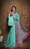 Hazar Buti Dhakai Jamdani Saree with Blouse Piece - Fountain Blue - Image 2