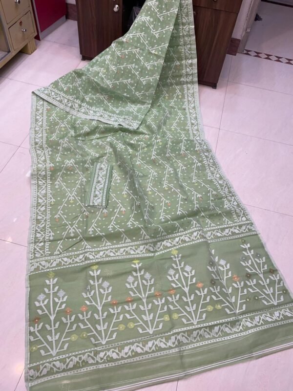 Shiuli Dhakai Jamdani Sari with Blouse Piece - Greenish Grey
