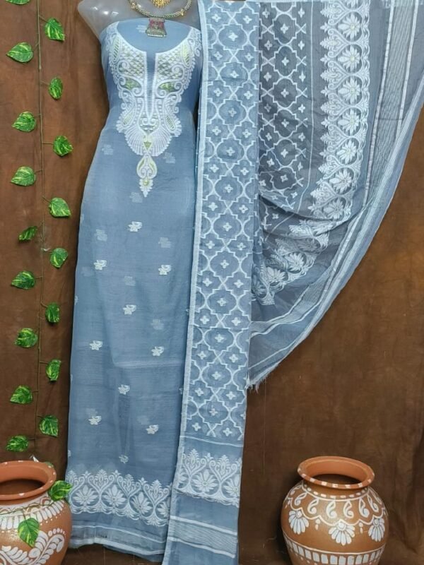 Jamdani 2 Piece Soft Unstitched Churidar Set - Grey Blue