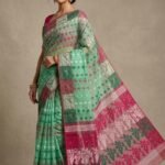 Ashtami Buti Dhakai Jamdani Sari with Blouse Piece - Grey Green