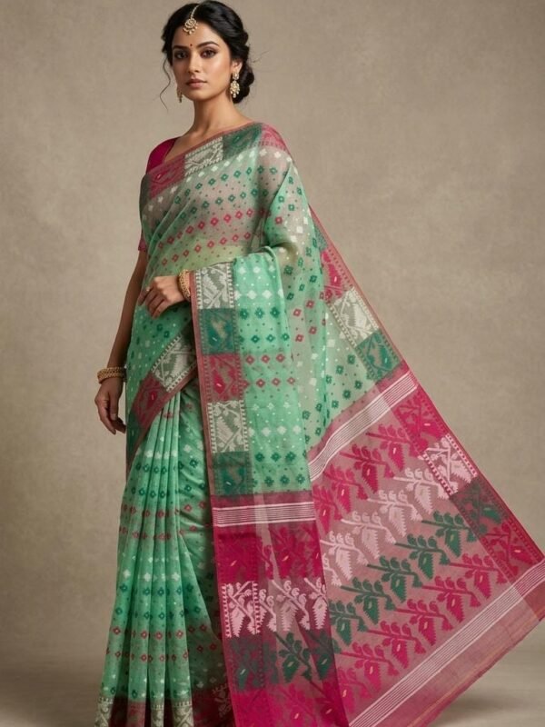 Ashtami Buti Dhakai Jamdani Sari with Blouse Piece - Grey Green