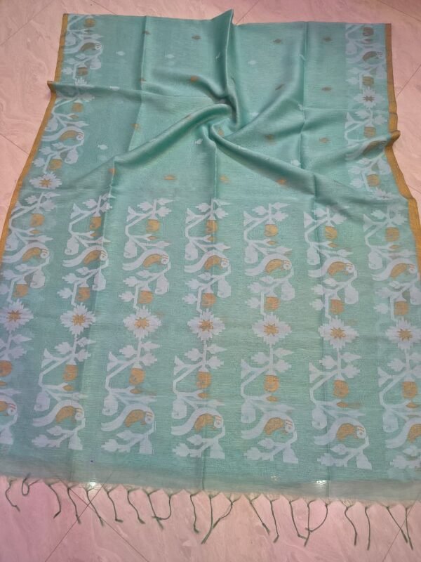Exclusive Silk Linen Jamdani Sari with Blouse Piece - Greyish Teal