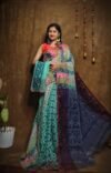 Hazar Buti Dhakai Jamdani Saree with Blouse Piece - Greyish Teal