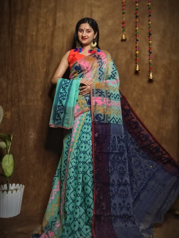 Hazar Buti Dhakai Jamdani Saree with Blouse Piece - Greyish Teal