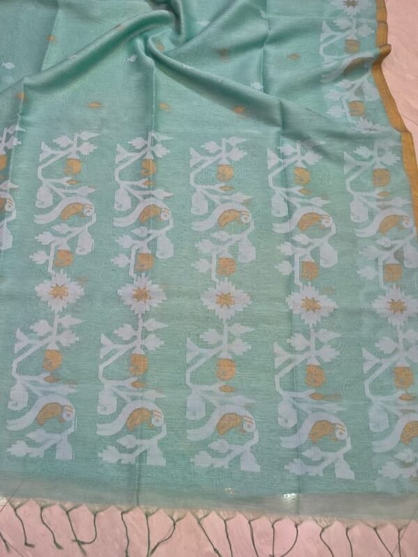 Exclusive Silk Linen Jamdani Sari with Blouse Piece - Greyish Teal