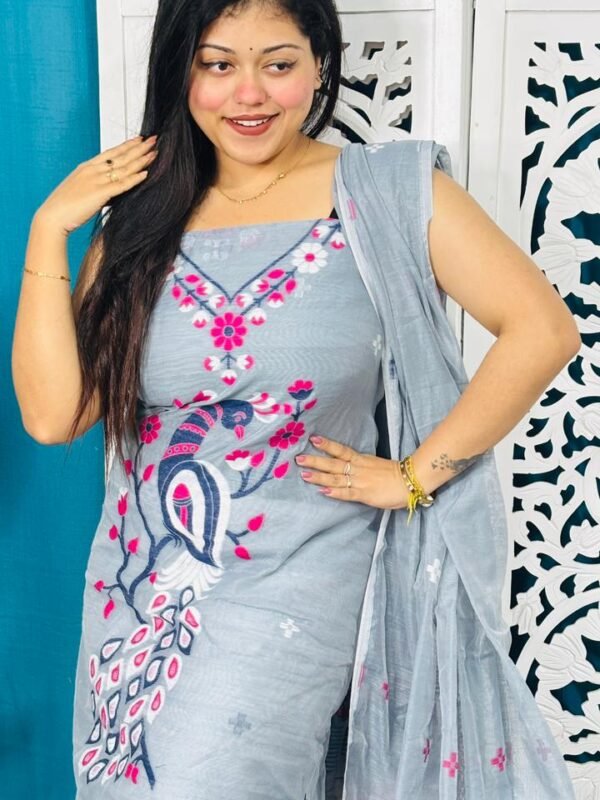 Unstitched Soft 2 Piece Jamdani Churidar - Gull Grey