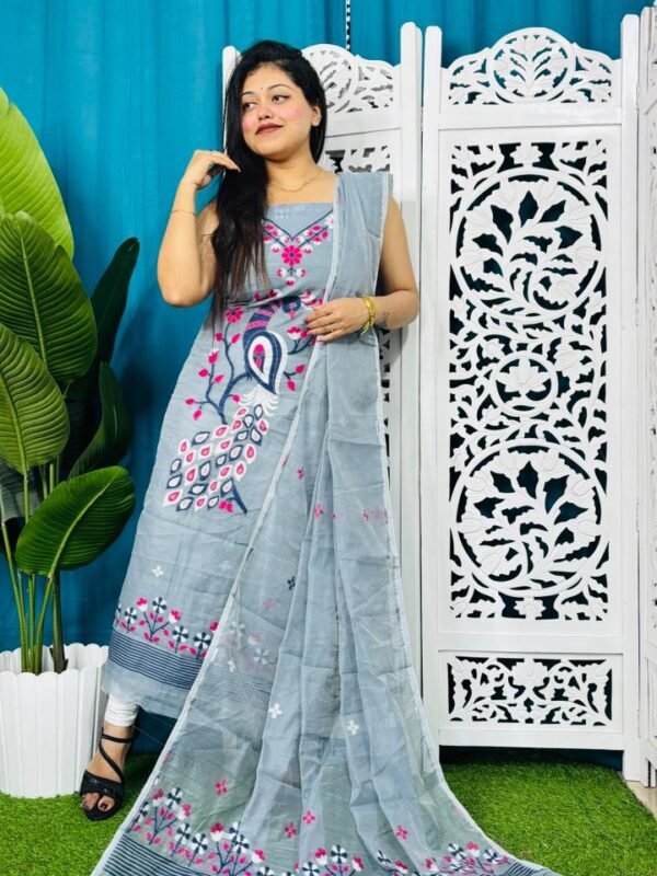 Unstitched Soft 2 Piece Jamdani Churidar - Gull Grey