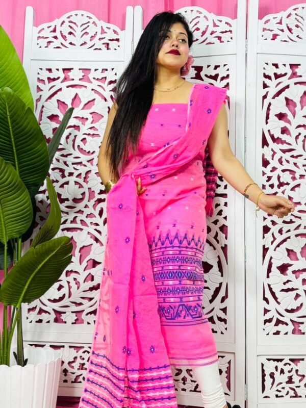 Jamdani 2 Piece Soft Unstitched Churidar Set - Hot Pink