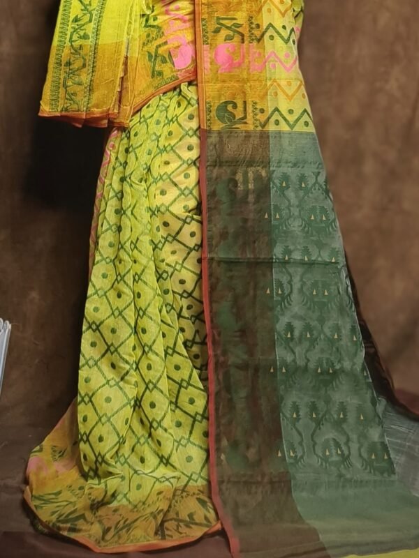 Hazar Buti Dhakai Jamdani Saree with Blouse Piece - Lemon Yellow