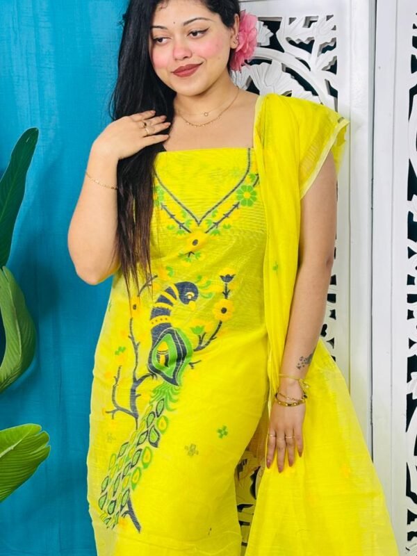 Unstitched Soft 2 Piece Jamdani Churidar - Lemon Yellow