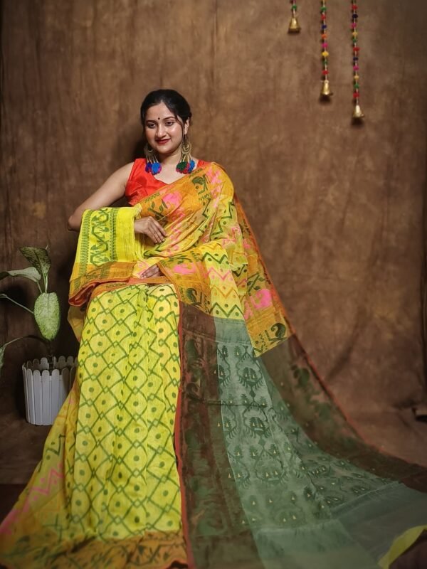 Hazar Buti Dhakai Jamdani Saree with Blouse Piece - Lemon Yellow