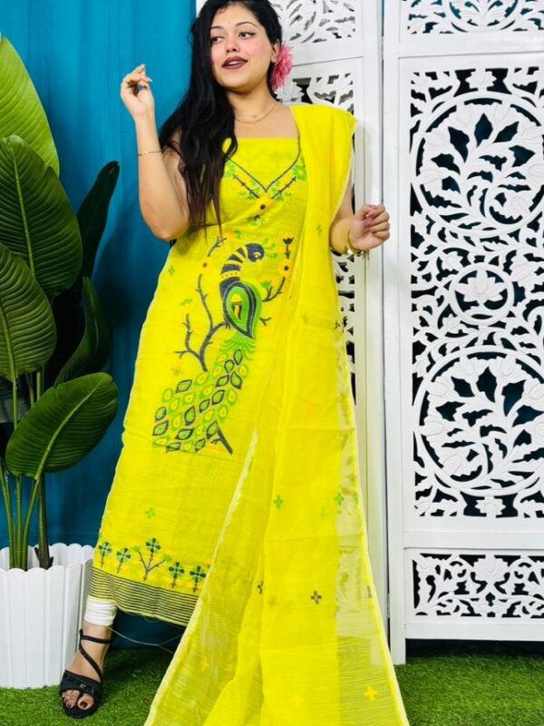 Unstitched Soft 2 Piece Jamdani Churidar - Lemon Yellow
