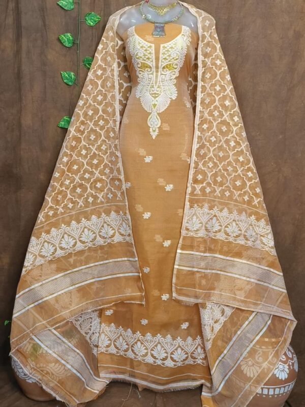 Jamdani 2 Piece Soft Unstitched Churidar Set - Light Coffee