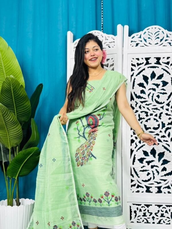 Unstitched Soft 2 Piece Jamdani Churidar - Light Olive