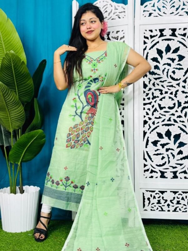 Unstitched Soft 2 Piece Jamdani Churidar - Light Olive
