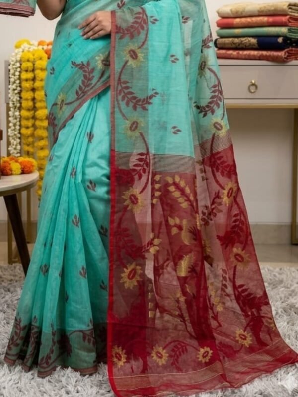 Sunflower Dhakai Jamdani Sari with Blouse Piece - Light Sea Green