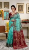 Sunflower Dhakai Jamdani Sari with Blouse Piece - Light Sea Green