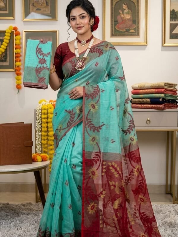Sunflower Dhakai Jamdani Sari with Blouse Piece - Light Sea Green