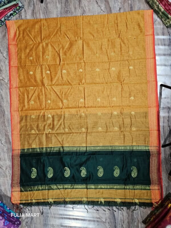 Maheshwari Design Tiger Orange Cotton Silk Handloom Saree with Blouse Piece
