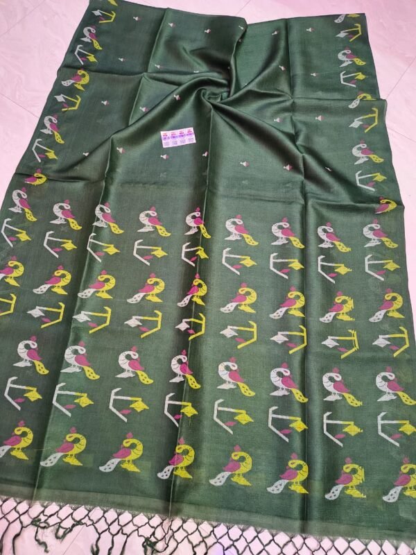 Pure Gachi Tussar By Tussar Handloom Dhakai Jamdani Sari with Blouse Piece - Mineral Green