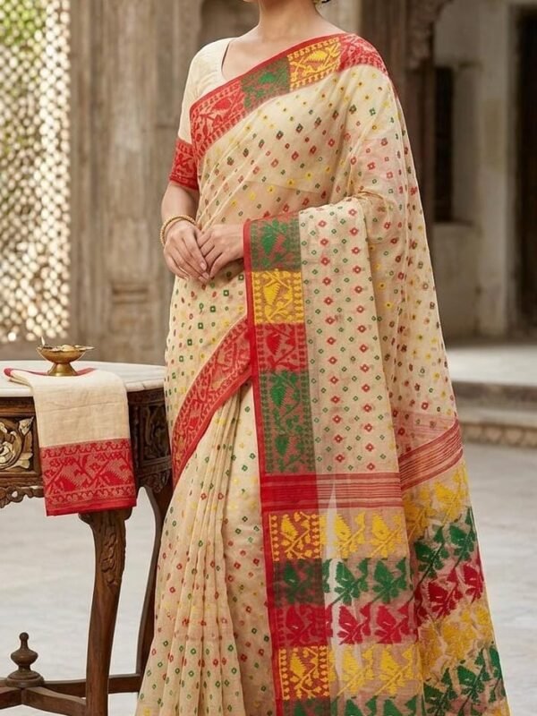 Ashtami Buti Dhakai Jamdani Sari with Blouse Piece - Mushroom