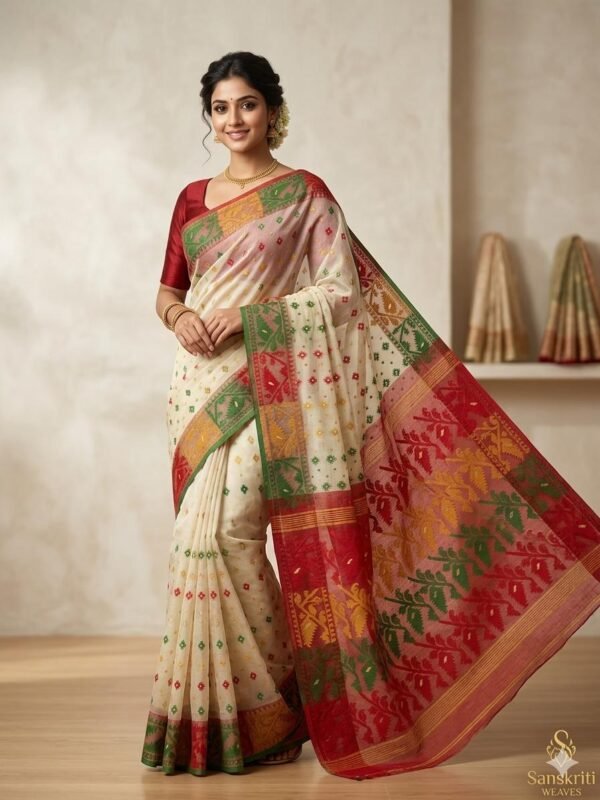 Ashtami Buti Dhakai Jamdani Sari with Blouse Piece - Mushroom