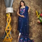 Jamdani 2 Piece Soft Unstitched Churidar Set - Navy Blue