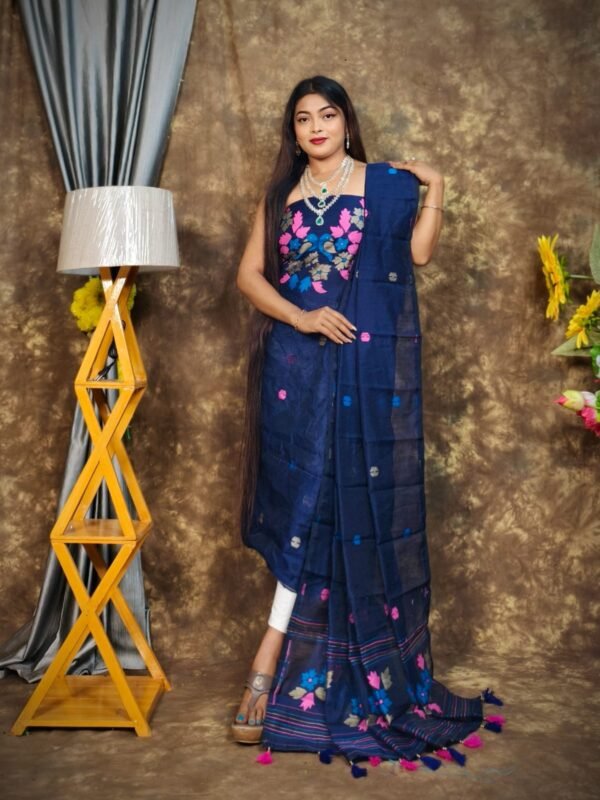 Jamdani 2 Piece Soft Unstitched Churidar Set - Navy Blue