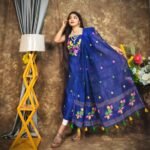 Jamdani 2 Piece Soft Unstitched Churidar Set - Navy Blue