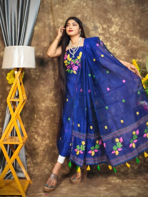 Jamdani 2 Piece Soft Unstitched Churidar Set - Navy Blue