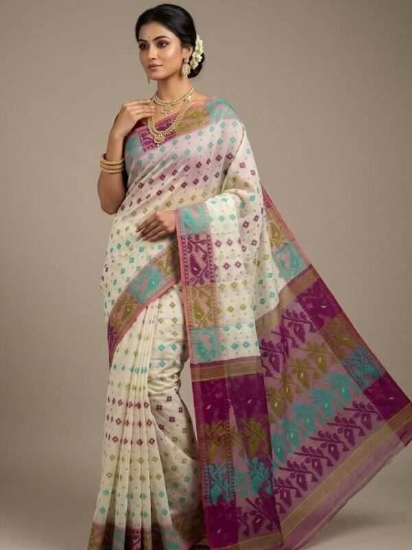 Ashtami Buti Dhakai Jamdani Sari with Blouse Piece - Off White