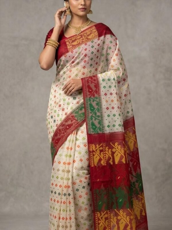Ashtami Buti Dhakai Jamdani Sari with Blouse Piece - Off White