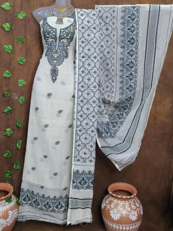 Jamdani 2 Piece Soft Unstitched Churidar Set - Off White