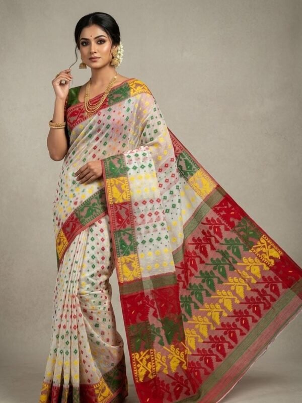 Ashtami Buti Dhakai Jamdani Sari with Blouse Piece - Off White