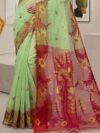 Sunflower Dhakai Jamdani Sari with Blouse Piece - Olive