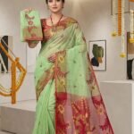 Sunflower Dhakai Jamdani Sari with Blouse Piece - Olive