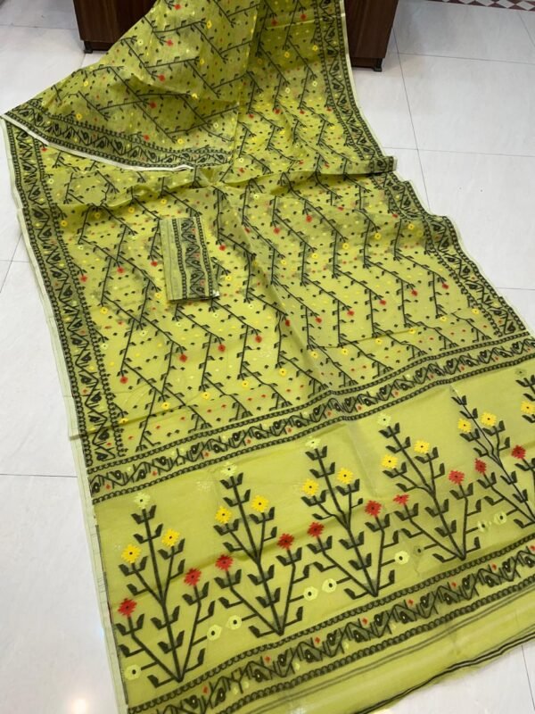 Shiuli Dhakai Jamdani Sari with Blouse Piece - Olive Green