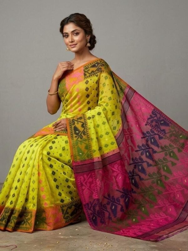 Ashtami Buti Dhakai Jamdani Sari with Blouse Piece - Olive Yellow