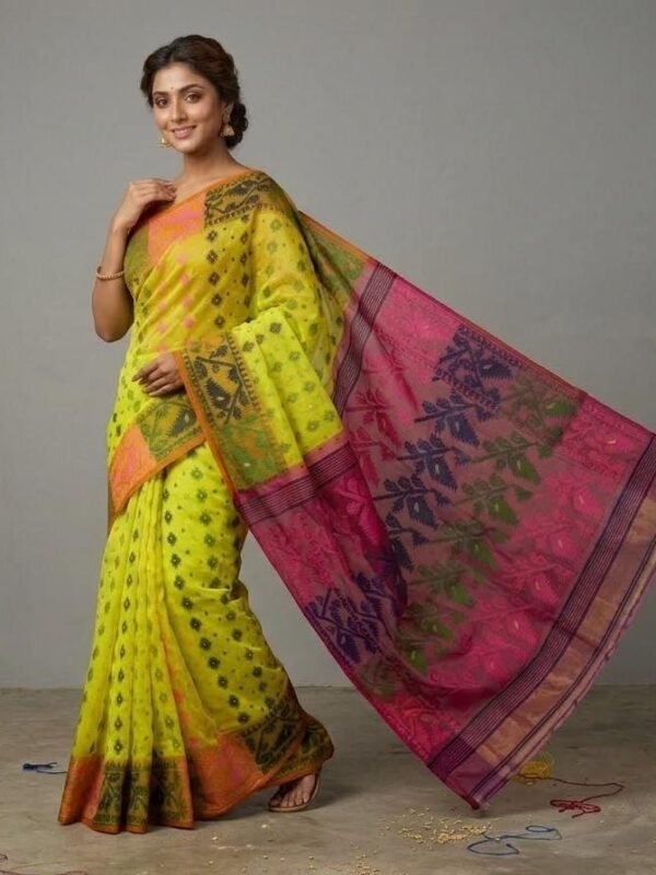 Ashtami Buti Dhakai Jamdani Sari with Blouse Piece - Olive Yellow